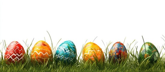 Poster - Easter eggs painted and concealed in the grass isolated on white with copyspace