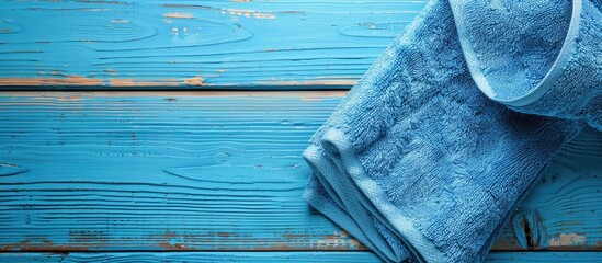 Aufkleber - Blue towel viewed from above on a wooden blue surface close up with copy space Soft blue napkin in close up