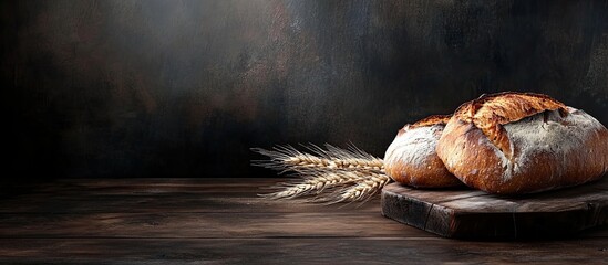 Leinwandbilder - Rustic bread and wheat on an aged vintage wooden table Dark moody backdrop with available text space. with copy space image. Place for adding text or design