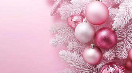 Wall Mural - A pink and white Christmas-themed arrangement with space for text featuring frosted pine branches adorned with pink and silver baubles, set against a soft pink background, creating a festive atmospher