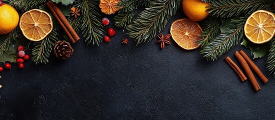 Poster - New Year s dark background featuring Christmas tree branches along with sweet candy dried citrus and cinnamon sticks. with copy space image. Place for adding text or design