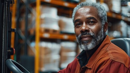 Poster - Black older man driving forklift in warehouse. Generative AI.