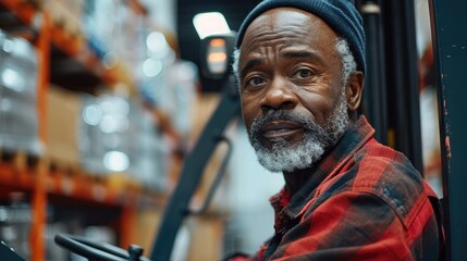 Poster - Black older man driving forklift in warehouse. Generative AI.