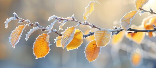 Wall Mural - Frosty yellow leaves on a tree branch in the garden. with copy space image. Place for adding text or design