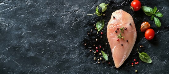 Wall Mural - Raw chicken breast for grilling with spices and herbs on a dark background top view Raw chicken for cooking A concept for delicious balanced meals. with copy space image