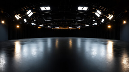 Poster - A 360-degree full panorama of a black minimalistic studio environment, featuring bright lights and reflections. The 3D render includes HDRI (High Dynamic Range Imaging) for virtual reality or HDR.