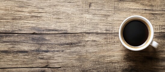 Fototapete - Black coffee on a wooden surface white coffee cup on an aged wooden table empty copy space for your text Vintage color tone