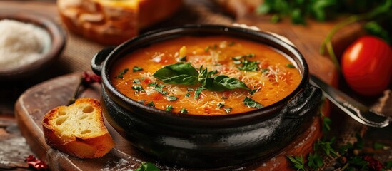 Poster - Homemade Italian tomato soup with basil and a spoonful of sour cream in a soup pot accompanied by an Italian bread roll and a tomato on a stone surface. with copy space image