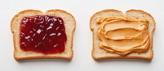 Aufkleber - Jelly compared to peanut butter in a side by side shot One slice of bread has grape jelly and another slice features creamy peanut butter. with copy space image. Place for adding text or design