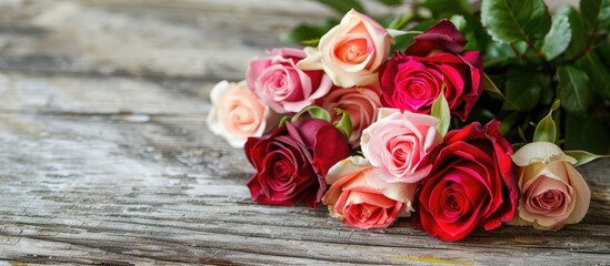 Aufkleber - A beautiful bouquet of roses on a wooden background suitable for a Valentine card Colorful flowers paired with a Valentine s Day heart toy Set against a wooden backdrop with copy space A bunch of var
