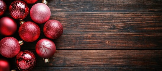 Poster - Red and pink Christmas ornaments on a dark wooden table Top view. with copy space image. Place for adding text or design