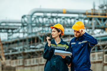 Two engineer working Industry in oil refinery equipment Check and check the condition of the machinery system , Engineering concept.