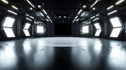 Poster - A 360-degree full panorama of a black minimalistic studio environment, featuring bright lights and reflections. The 3D render includes HDRI (High Dynamic Range Imaging) for virtual reality or HDR.