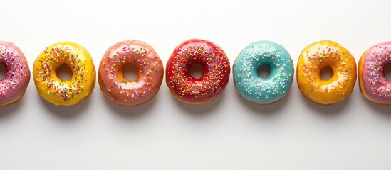 Fototapete - Colorful doughnuts topped with glaze and sprinkles are arranged in a row viewed from above Copy space for text