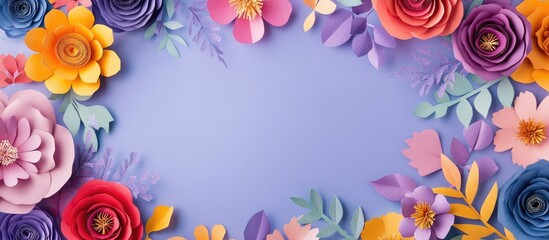 Poster - Frame adorned with colorful paper flowers on a violet background crafted from paper. with copy space image. Place for adding text or design