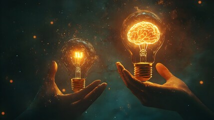 Poster - 3d rendered person holding glowing light bulb with brain symbolizing creativity and intelligence