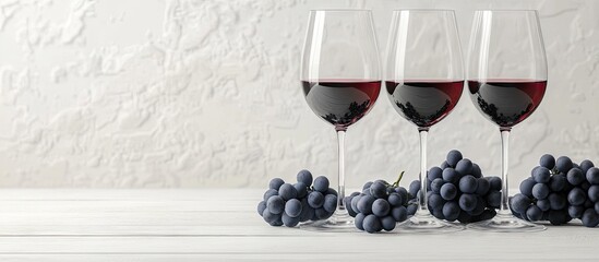 Poster - Three glasses of red wine and blue grapes on a background of a white wooden table. with copy space image. Place for adding text or design