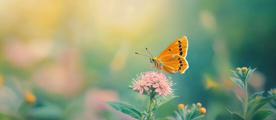 Aufkleber - Fiery Skipper butterfly Hylephila phyleus on a Sensitive Briar wildflower Mimosa quadrivalvis featuring copy space