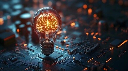 Poster - Glowing Lightbulb with Brain on Circuit Board Symbolizing Technology and Intellect Fusion