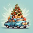 © Scenery - cartoon illustration of a blue car with presents on top