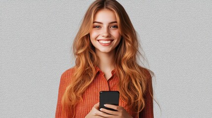 A cheerful young woman with long hair smiling while holding a smartphone, dressed in a casual orange shirt, capturing a relaxed and happy moment.