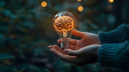 Poster - Glowing Light Bulb Cradling a Brain Symbolizing the Power of Creativity and Intellectual Ideas