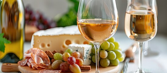 Poster - Plate featuring delicious cheese grapes a bottle and a glass of wine on a white background. with copy space image. Place for adding text or design