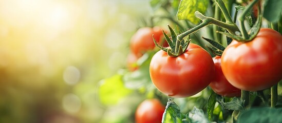 Aufkleber - Fresh ripened red tomatoes growing in an organic greenhouse garden ready for harvest. with copy space image. Place for adding text or design