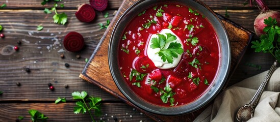 Poster - Ukrainian beet soup borscht placed on a napkin atop a wooden surface. with copy space image. Place for adding text or design