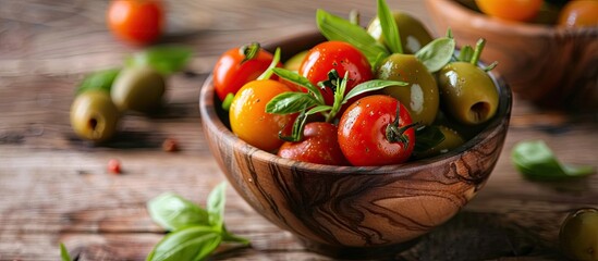 Orange tapas bowls filled with large green olives and cherry tomatoes on a wooden surface copyspace