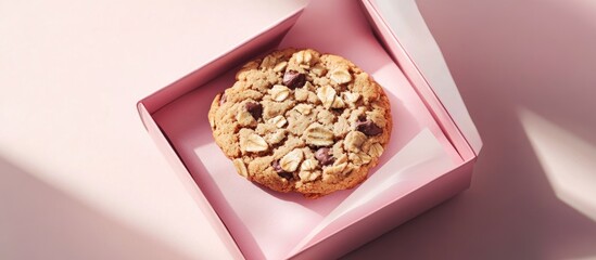 Aufkleber - Oatmeal cookie in a gift box on a pink background with copy space Cookie gift box featuring shadows and sunlight