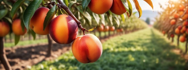 Fresh ripe nectarine peaches growing on tree. Fresh organic natural fruit in sun light blur green background