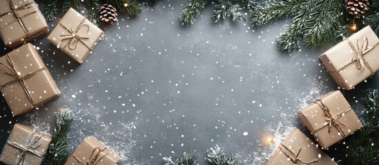 Poster - Christmas backdrop featuring adorned gifts Gray backdrop snow effect Top view copyspace