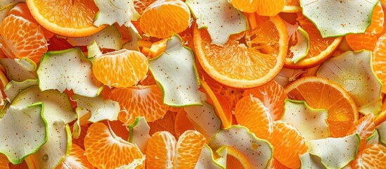Poster - Close up view of leftover orange peels with green spots on the skin isolated on a white background Copy space is available in the top left right and center areas of the frame