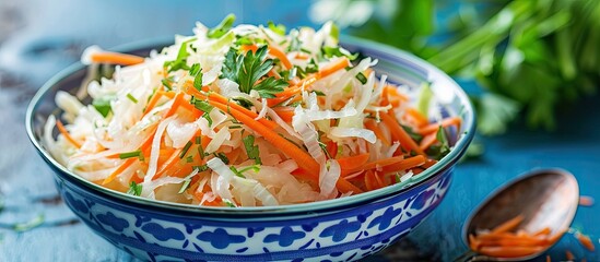 Aufkleber - Homemade sauerkraut with carrots and green onions in a bowl on a light blue backdrop fermented food. with copy space image. Place for adding text or design