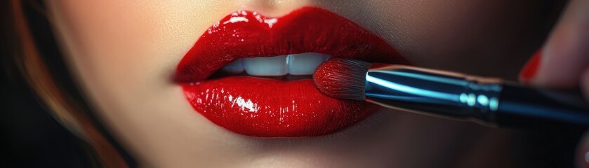 A close-up of vibrant red lips being carefully applied with a makeup brush, showcasing beauty and elegance.