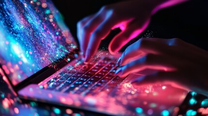 Poster - Digital Transformation:  Hands Typing on a Glowing Laptop - A pair of hands typing on a laptop keyboard, the screen and keyboard are illuminated with a vibrant, digital pattern, symbolizing innovation