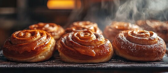 Aufkleber - Twisted traditional Swedish cinnamon rolls at a cafe High quality photo. with copy space image. Place for adding text or design