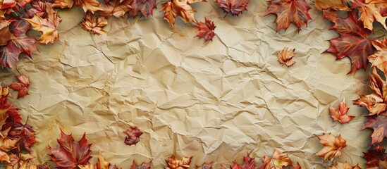 Aufkleber - An aged empty sheet of paper resting on vibrant maple leaves Thanksgiving fall season. with copy space image. Place for adding text or design