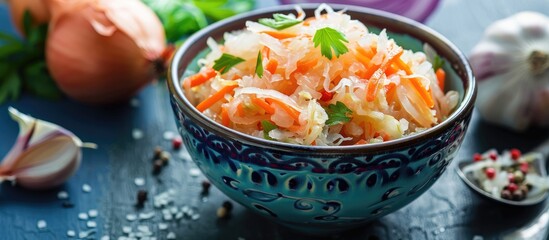Aufkleber - Homemade sauerkraut with carrots and green onions in a bowl on a light blue backdrop fermented food. with copy space image. Place for adding text or design