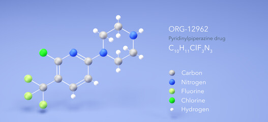 Poster - org-12962 molecule, molecular structure, anti-anxiety drug, 3d model, Structural Chemical Formula and Atoms with Color Coding