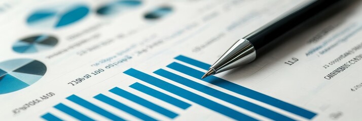 Poster - Financial Data Analysis: Bar Graph, Pen, Close-up - A pen rests atop a financial report with a bar graph representing growth, data analysis, and business strategy. The image symbolizes success, planni