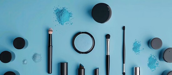 Poster - Cosmetics set for makeup arranged from above on a blue backdrop with copy space image available