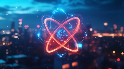 Poster - Futuristic Atom Symbol Over Cityscape at Night - A glowing atom symbol with red and blue orbits, symbolizing innovation, technology, energy, progress, and the future, against a blurred cityscape backd
