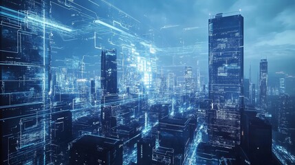 Poster - Futuristic Cityscape with Digital Network Overlay - A modern city skyline illuminated at night with a glowing digital network overlay symbolizing connectivity, innovation, technology, progress, and th