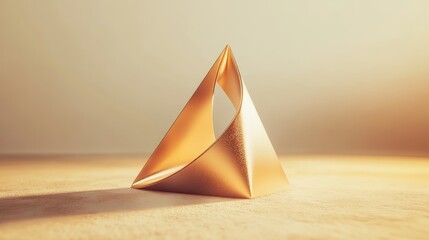 Abstract golden geometric sculpture with a triangular shape.  Minimalist design with soft lighting.  Perfect for modern, luxury, and artistic concepts.