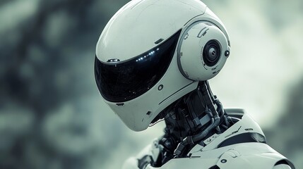 Poster - Futuristic Robot with White Helmet and Advanced Technology - A close-up shot of a futuristic robot's head, showcasing its sleek white helmet with a black visor and intricate mechanical details. The im