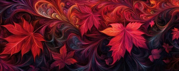 Wall Mural - Vibrant red leaves create a stunning autumn backdrop, showcasing intricate patterns and rich colors against a dark background.