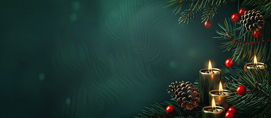 Wall Mural - Holiday greeting card design featuring a festive fir branch adorned with candles and a designated area for text in a copy space image