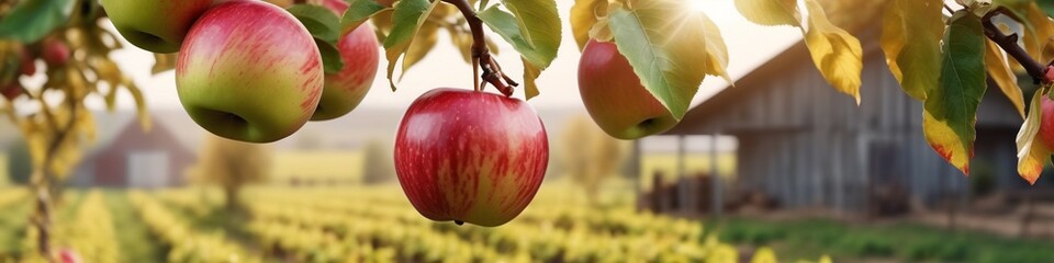 Wall Mural - A close-up of ripe red apples, glistening with water droplets, hang from a branch adorned with green leaves.